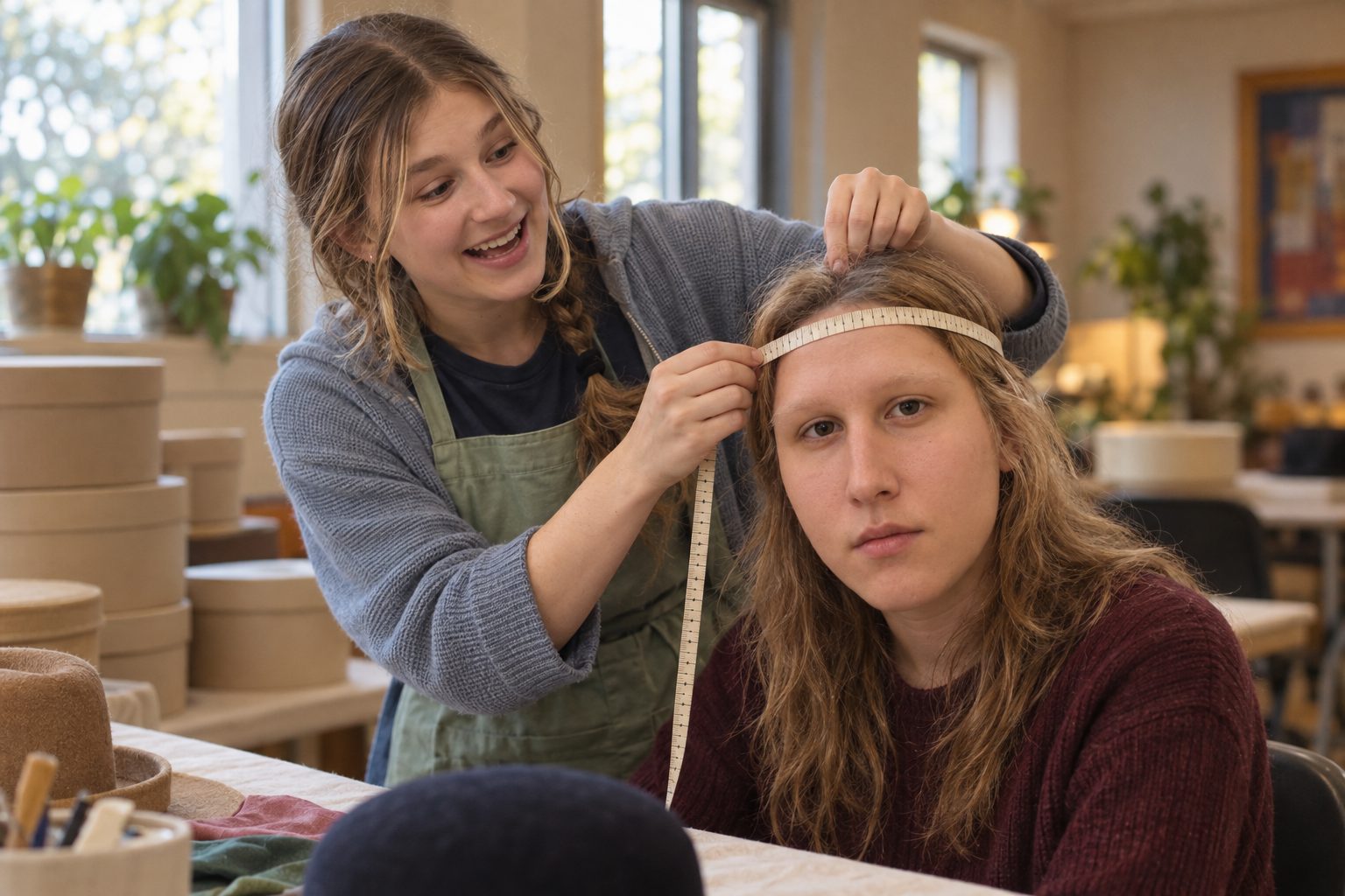 Katell Flannigan measuring a recipient's head with a tailor's tape at a folding table of hat boxes