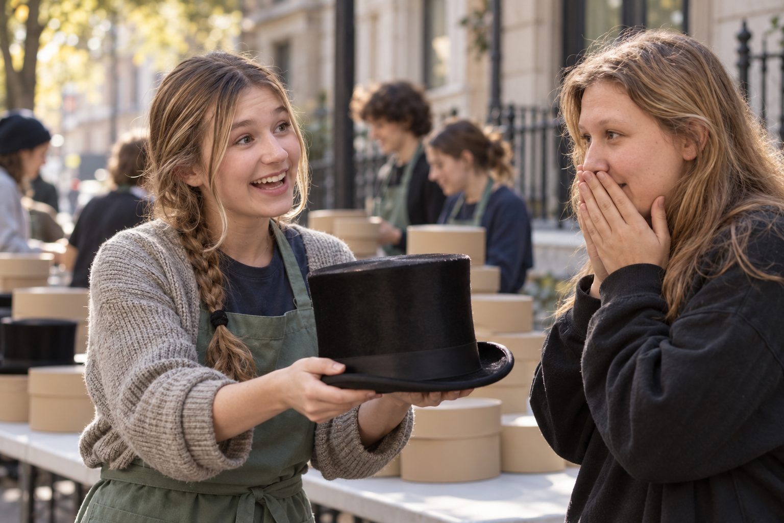 Katell Flannigan, in a green apron, presents a new black silk top hat to a recipient on a city sidewalk