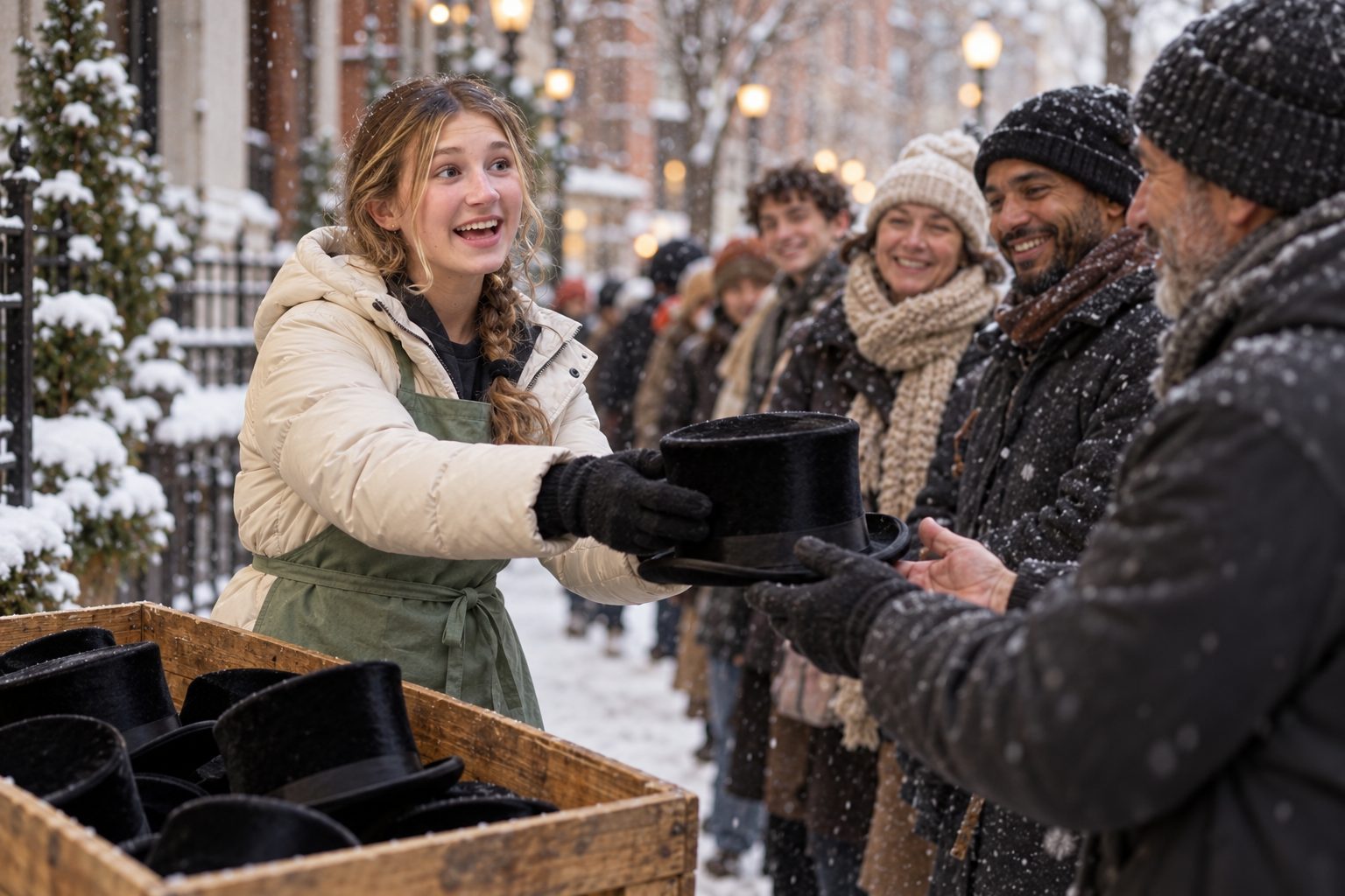 Katell Flannigan handing out top hats from a wooden crate on a snowy street